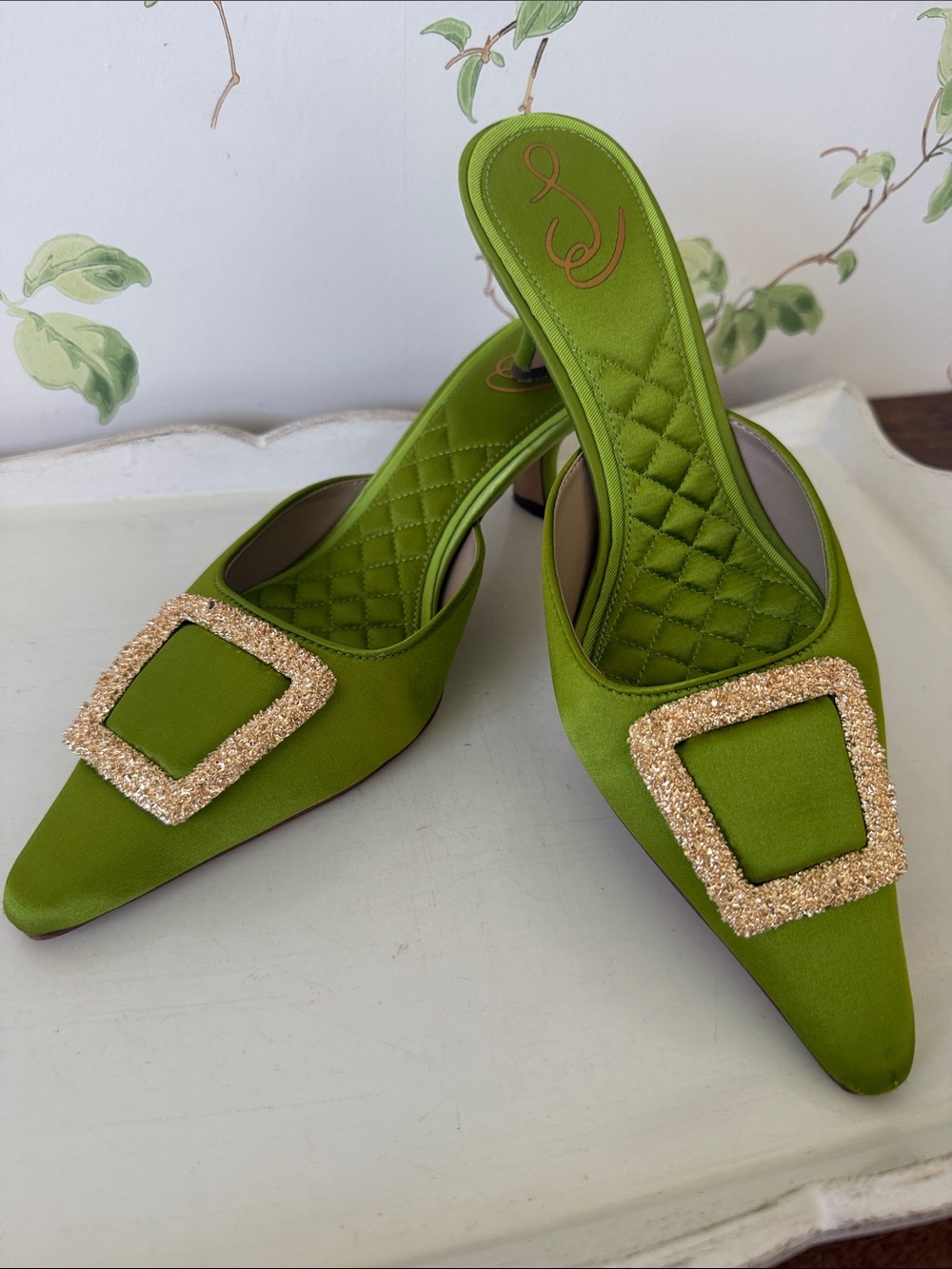 Sam Edelman Green Brit Kitten Satin Mules with Gold Buckle - Size 8.5 - Picture 8 of 14